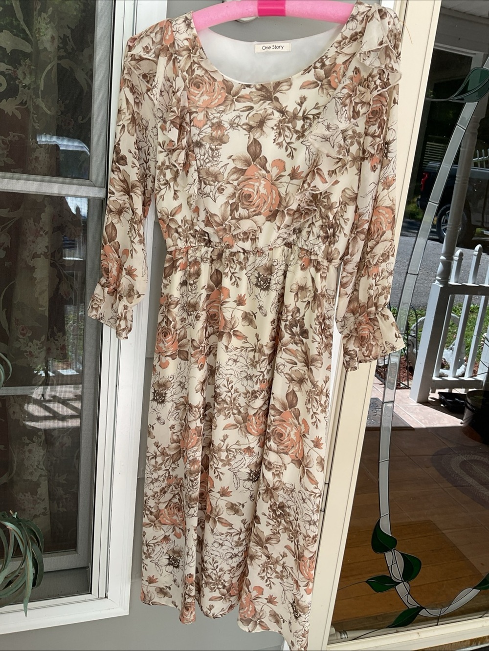 One Story Cream Floral Midi Dress with Peach Rose Print size large women church